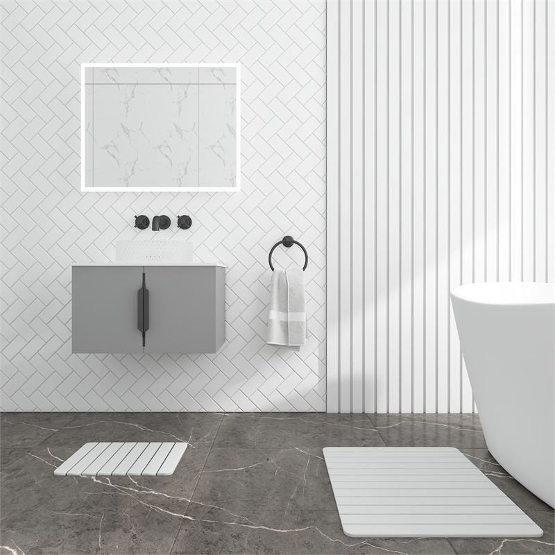 Diatomite Quick-Dry Water Absorbing Bath Mat Sets-Large+Small Natural White Mats