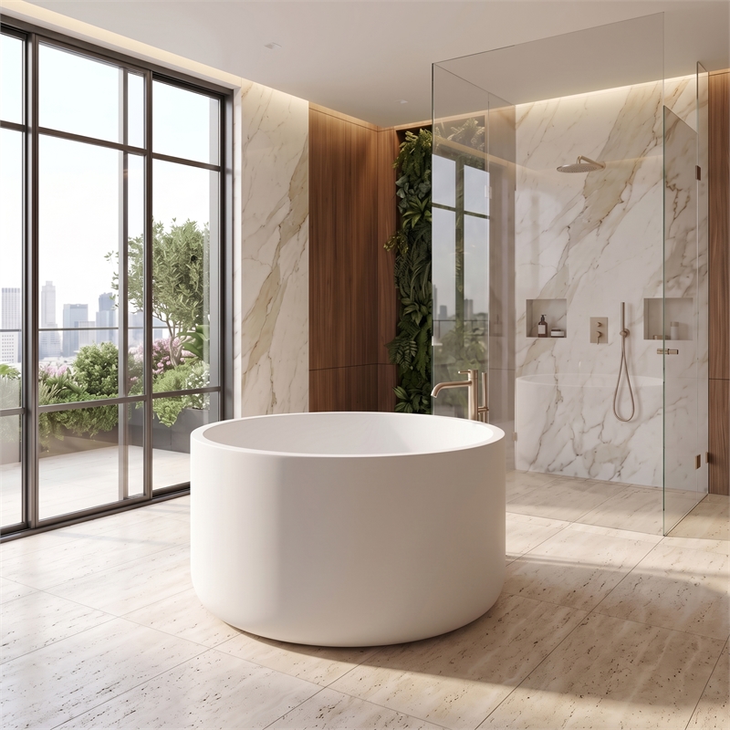Premium Morden White Round Deep Solid Surface Stone Soaking Bathtub