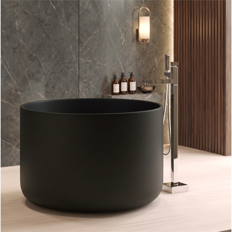 Modern Round Deep Black Tub With Stool