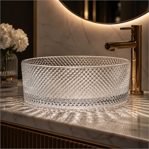 Glacier Round Glass Vessel Bathroom Sink 14&quot Vanity Bowl