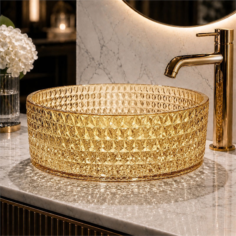 Scotch 16 in. Circular Bathroom Vessel Sink in Champagne Tempered Glass