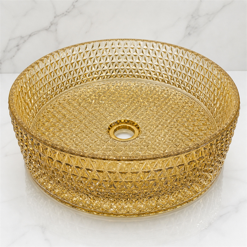 Scotch 14 in Circular Bathroom Vessel Sink in Champagne Tempered Glass