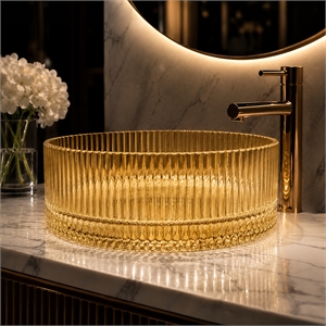 Cowrie Timeless Gold Champagne Tempered Glass Round Vessel Sink 16 in