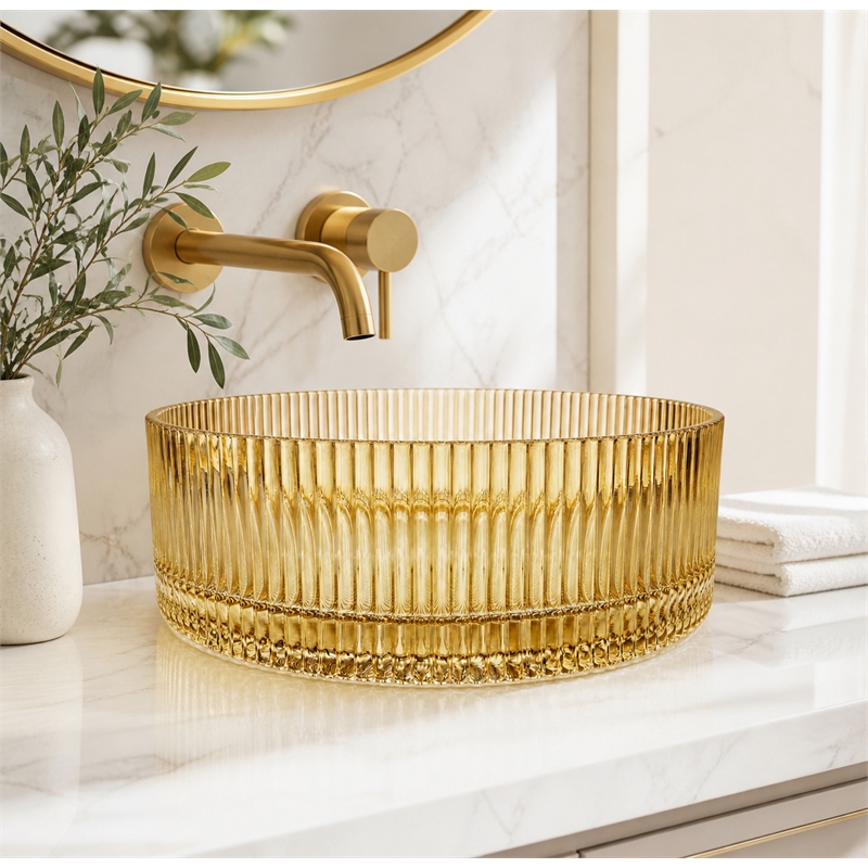 Cowrie Timeless Champagne Tempered Glass Crystal Round Vessel Sink 16 in