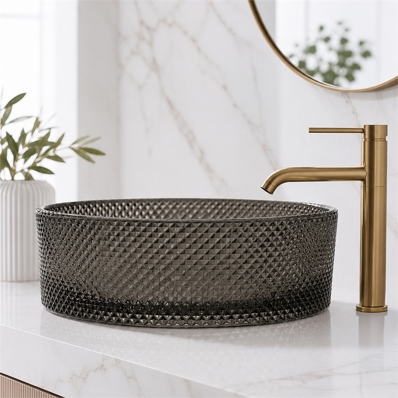 Glacier Circular Glass Vessel Bathroom Sink Bowl 14 Round