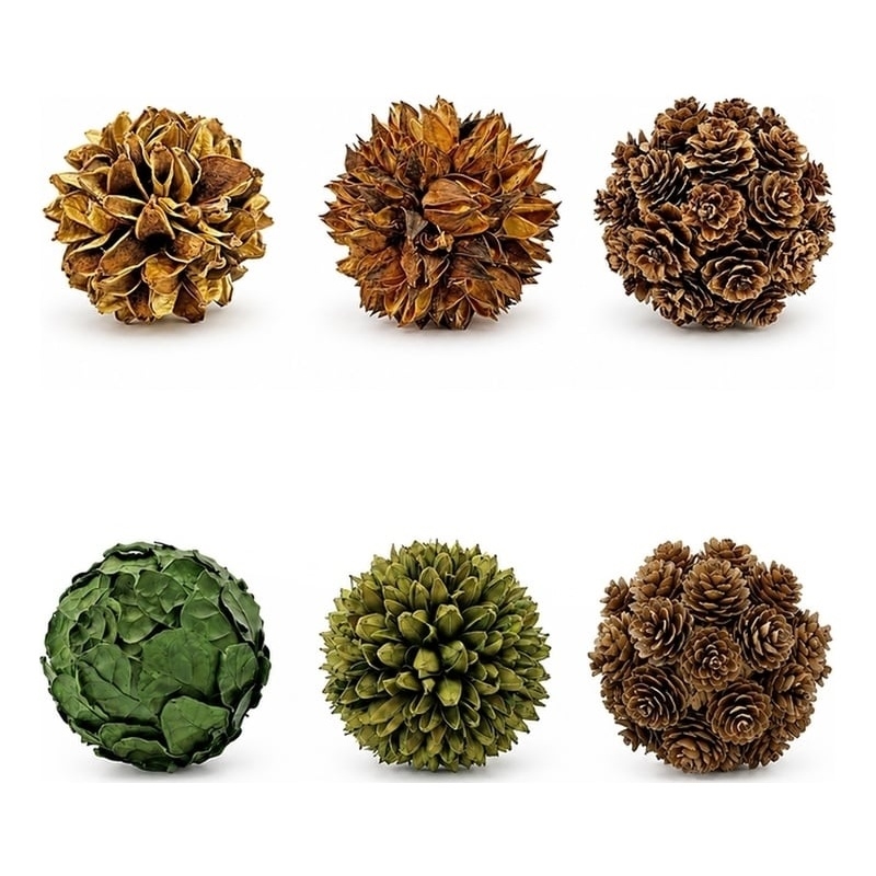Brown Green Preserved Botanical Topiary Balls Decorative Bowl Filler Set of 6