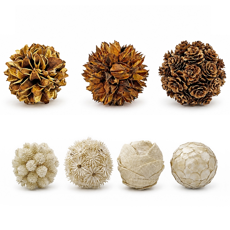 Preserved Botanical Decorative Topiary Balls Filler Brown/White (Set of 7)