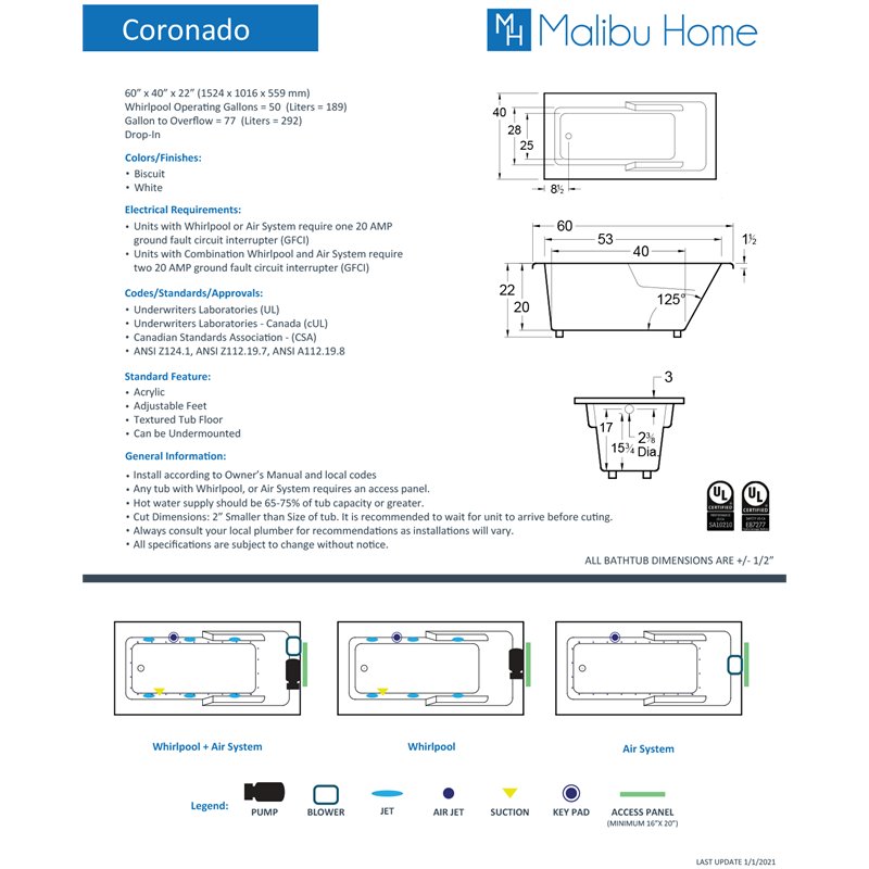 Malibu Home Coronado Rectangle Soaking Bathtub 60