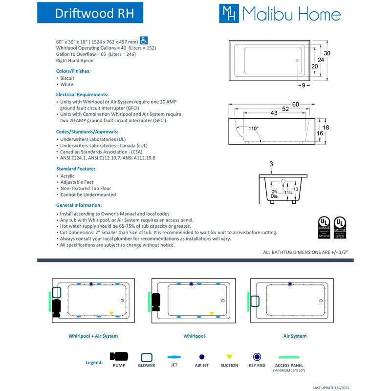 Malibu Home Driftwood ADA RH Rectangle Soaking Bathtub 60