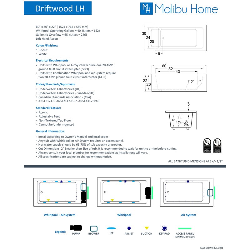 Malibu Home Driftwood LH Massaging Air Jet Bathtub 60