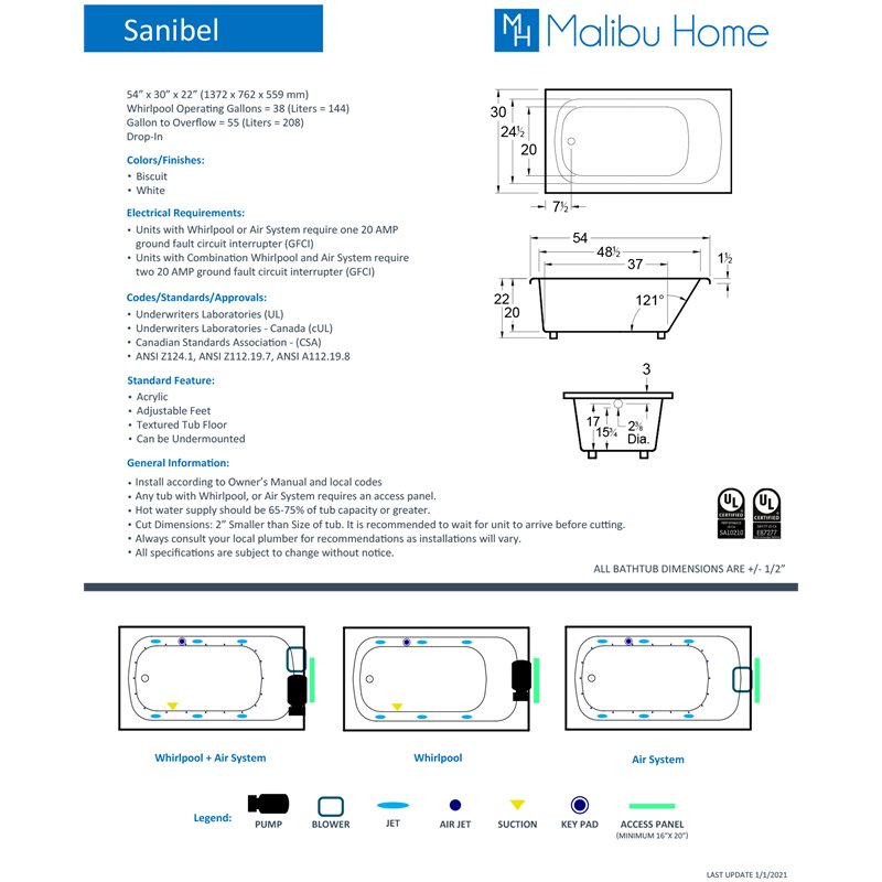 Malibu Home Sanibel Rectangle Soaking Bathtub 54