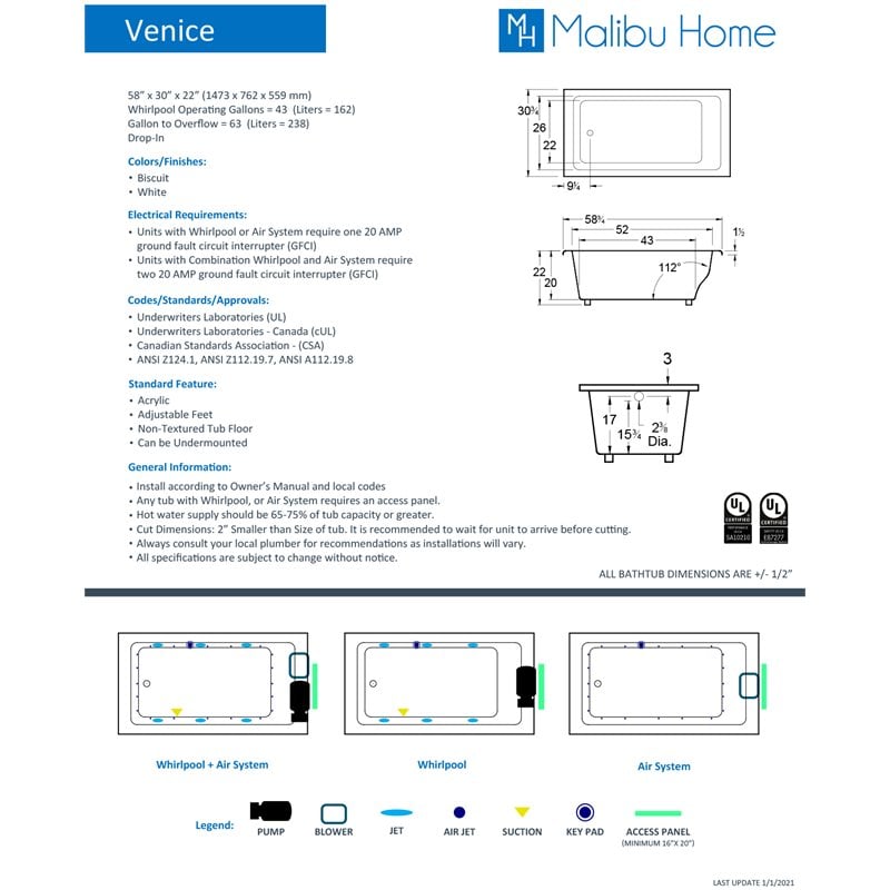 Malibu Home Venice Rectangle Soaking Bathtub 58