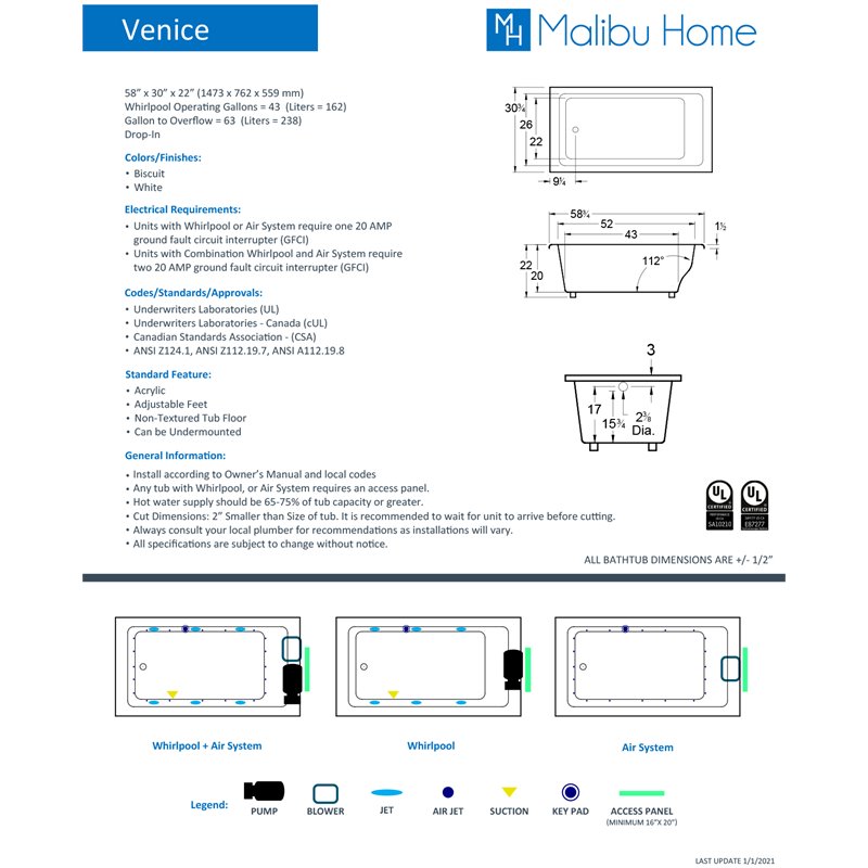 Malibu Home Venice Rectangle Whirlpool Bathtub 58