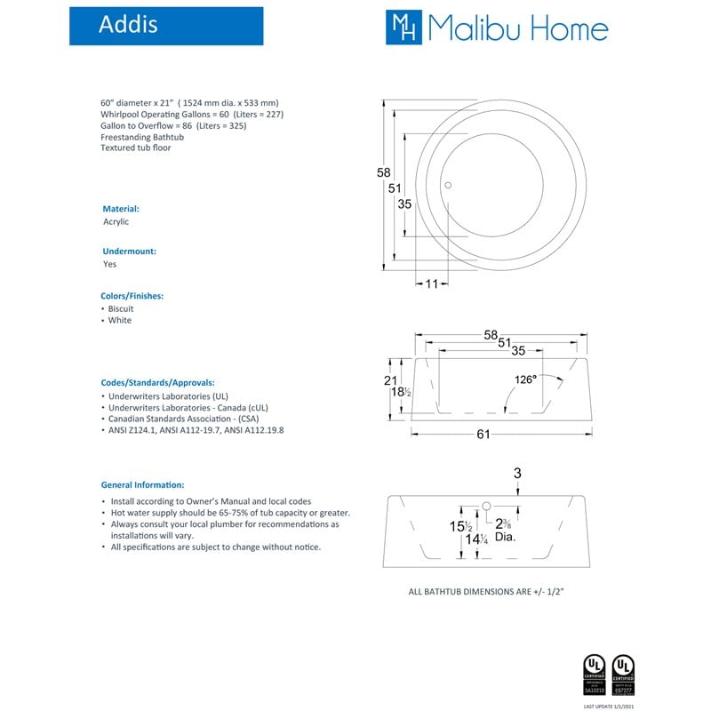 Malibu Home Addis Round Soaking Bathtub 60