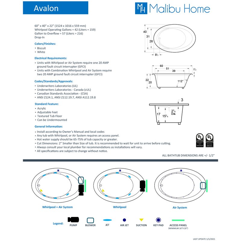 Malibu Home Avalon Whirlpool/Massaging Air Jet Bathtub 60