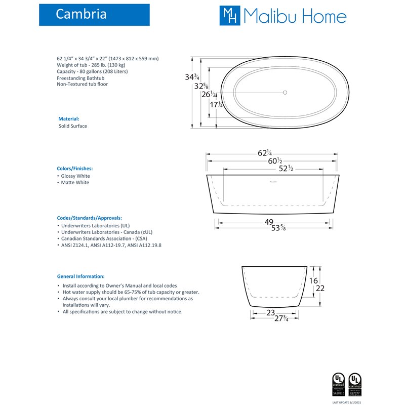 Malibu Home Cambria Oval Soaking Bathtub 58