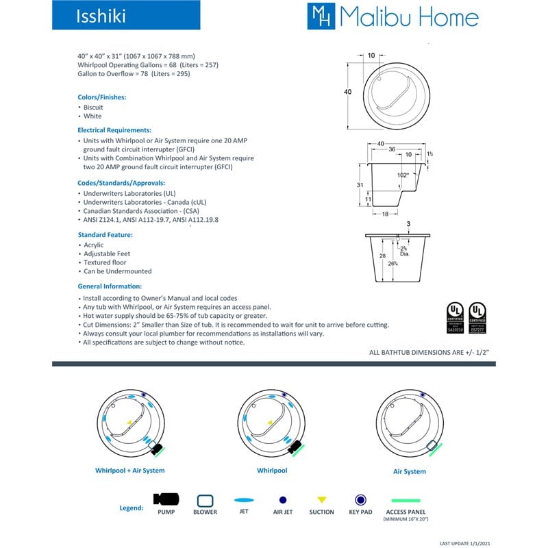 Malibu Home Isshiki Square Soaking Bathtub 40