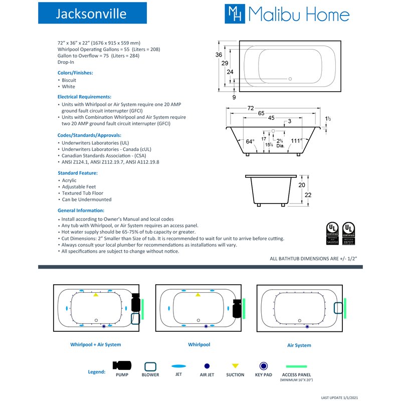 Malibu Home Jacksonville Massaging Air Jet Bathtub 72