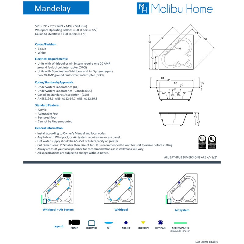 Malibu Home Mandelay Triangle Soaking Bathtub 59