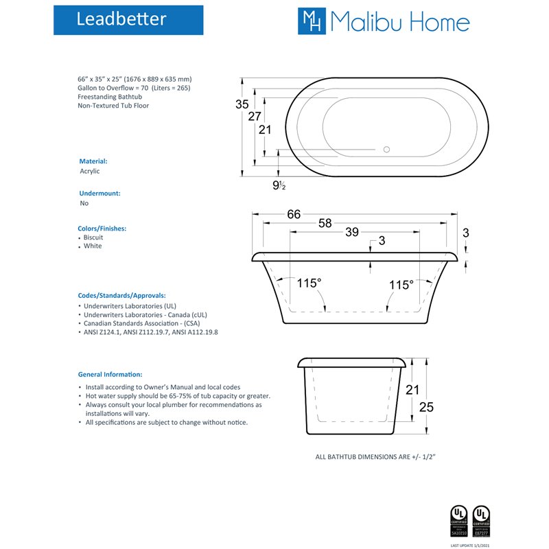 Malibu Home Leadbetter Oval Soaking Bathtub 66