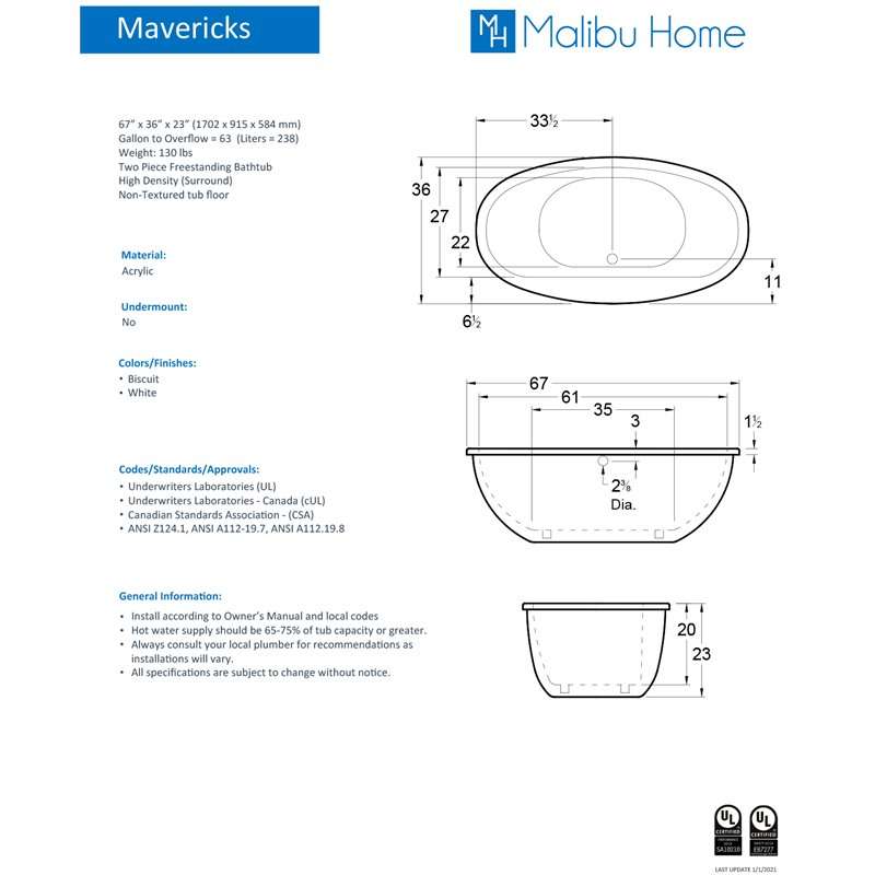 Malibu Home Mavericks Oval Soaking Bathtub 67