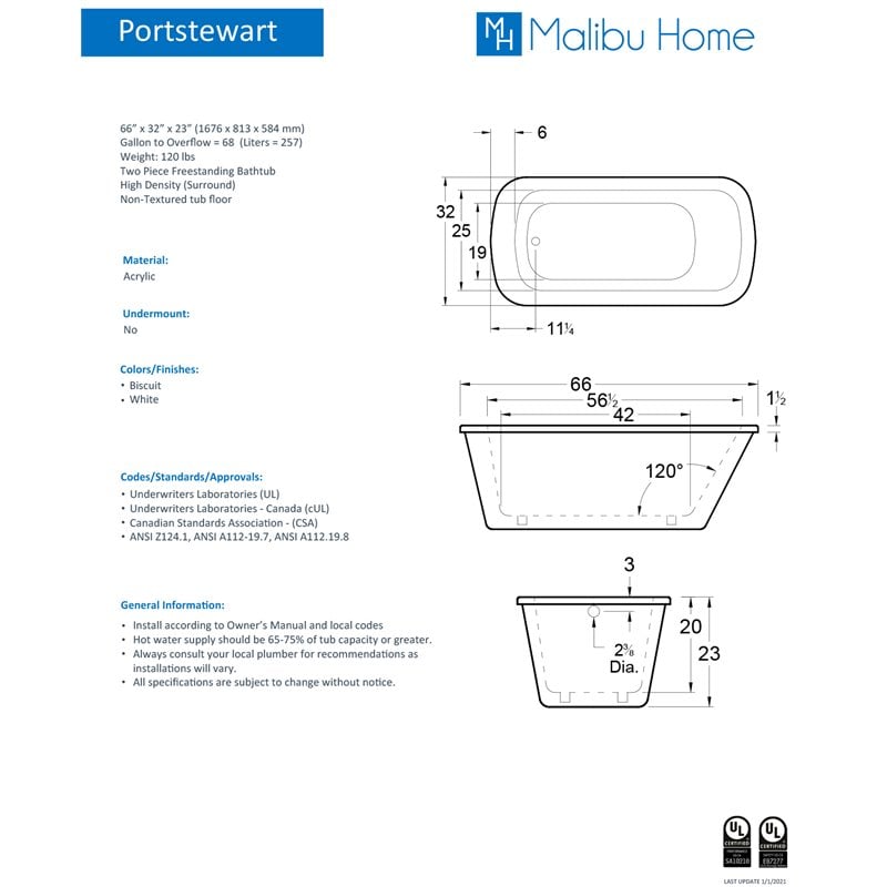 Malibu Home Portstewart Rectangle Soaking Bathtub 66