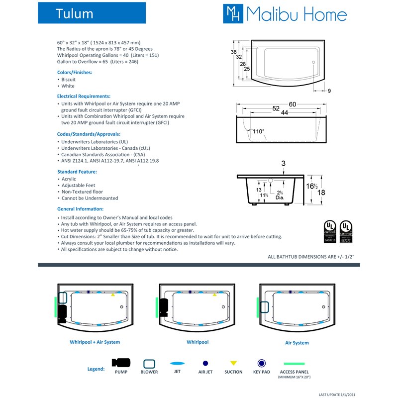 Malibu Home Tulum RH Rectangle Whirlpool Bathtub 60