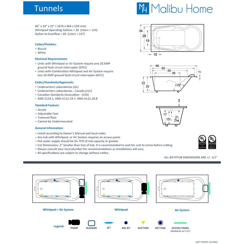 Malibu Home Tunnels Whirlpool/Massaging Air Jet Bathtub 66