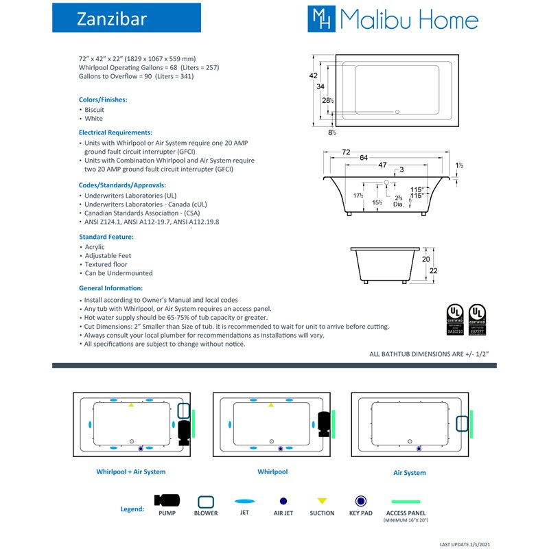 Malibu Home Zanzibar Rectangle Massaging Air Jet Bathtub 72