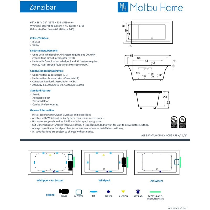 Malibu Home Zanzibar Rectangle Soaking Bathtub 66