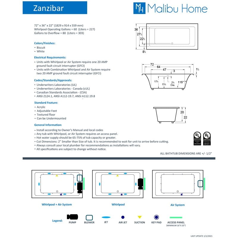 Malibu Home Zanzibar Rectangle Soaking Bathtub 72