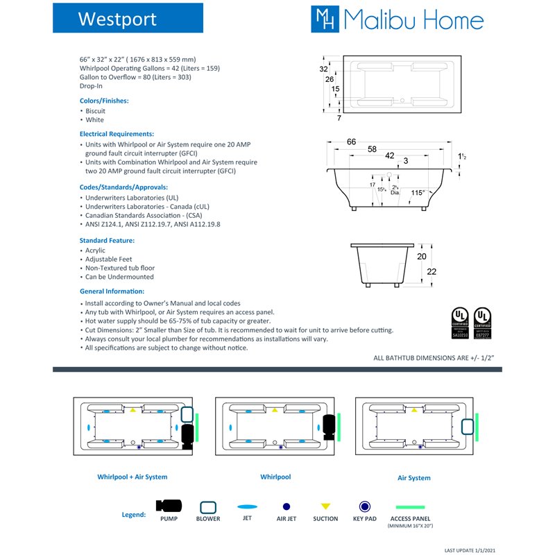 Malibu Home Westport Massaging Air Jet Bathtub 66