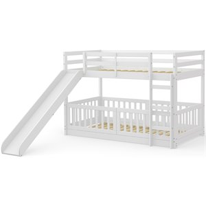 eden home modern solid wood low loft bunk bed with slide & guardrail in white