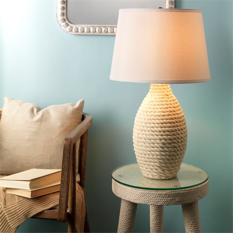 Eden Home 1-Light Coastal Fabric Table Lamp with Tapered Shade in White
