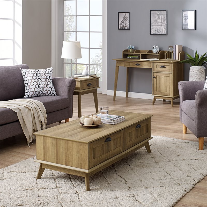 Eden Home Wood Center Coffee Table with 2 Drawers in Golden Oak
