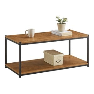 Eden Home Storage Shelf Wood Center Coffee Table with Metal Frame in Oak Brown
