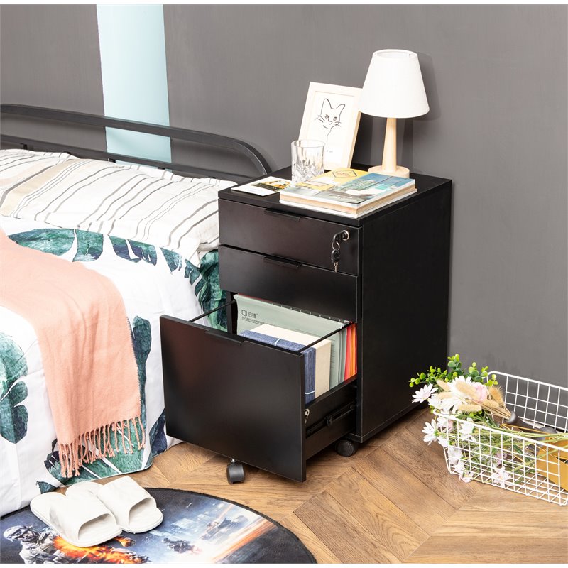 Eden Home 3-Drawer Modern Wood Rolling File Cabinet with Lock in Black