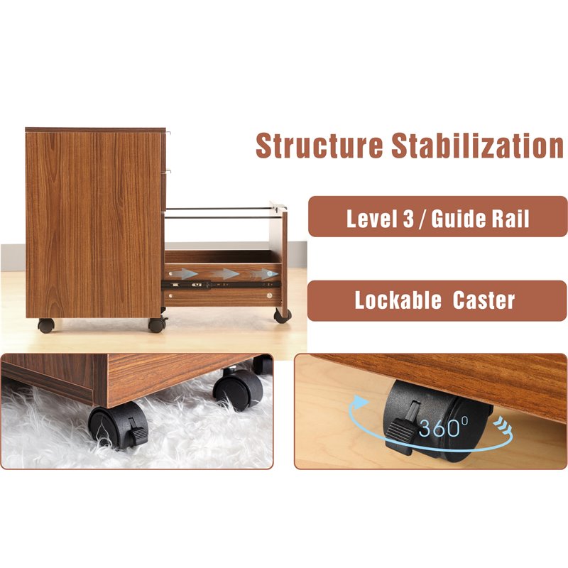 Eden Home 3-Drawer Modern Wood Rolling File Cabinet with Lock in Brown