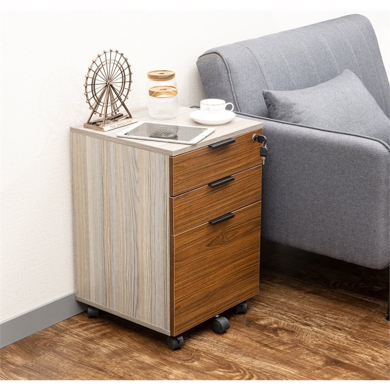 Eden Home 3-Drawer Modern Wood Rolling File Cabinet with Lock in Rustic Brown