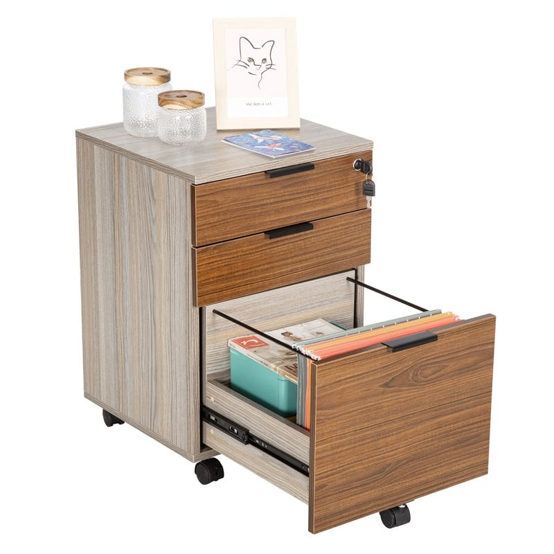 Eden Home 3-Drawer Modern Wood Rolling File Cabinet with Lock in Rustic Brown