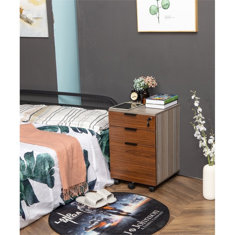 Eden Home 3-Drawer Modern Wood Rolling File Cabinet with Lock in Rustic Brown