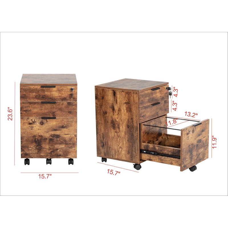Eden Home 3-Drawer Modern Engineered Wood Rolling File Cabinet in Brown