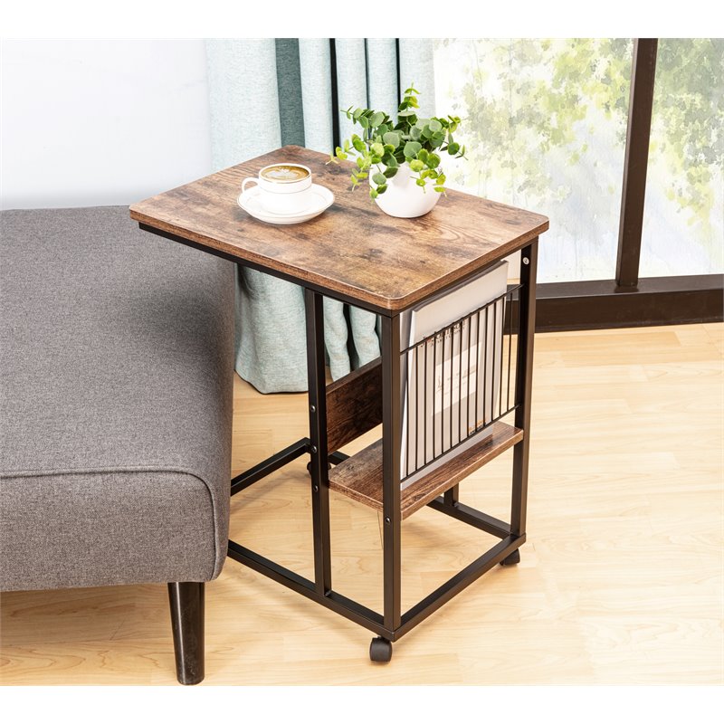 Eden Home Modern Wood End C Table with Magazine Holder in Rustic Brown