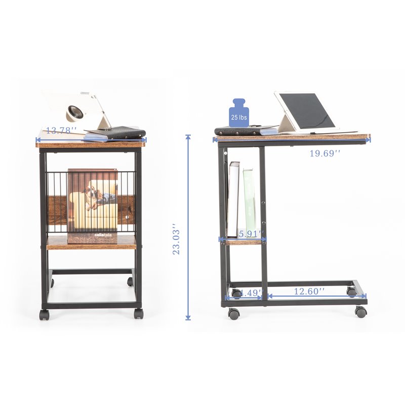 Eden Home Modern Wood End C Table with Magazine Holder in Rustic Brown