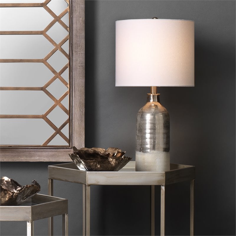 Eden Home 1-Light Transitional Ceramic Table Lamp with Linen Shade in Silver