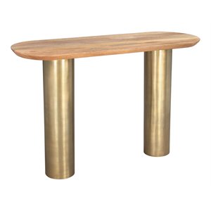 eden home modern iron and mango wood console table in natural/brass