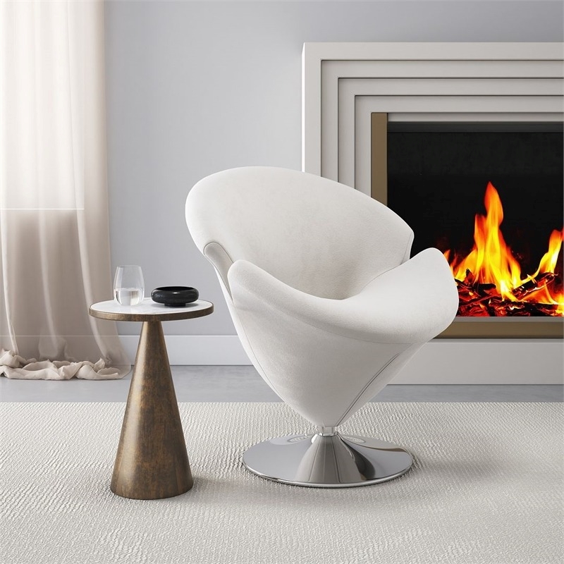 Eden Home Velvet & Metal Swivel Accent Chair in White/Polished Chrome