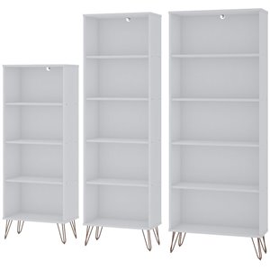 eden home modern wood 3 pc multi-size bookcase set in white
