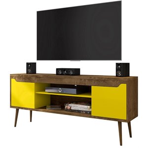 Eden Home Mid-Century Wood TV Stand for TVs up to 60&quot in Rustic Brown/Yellow