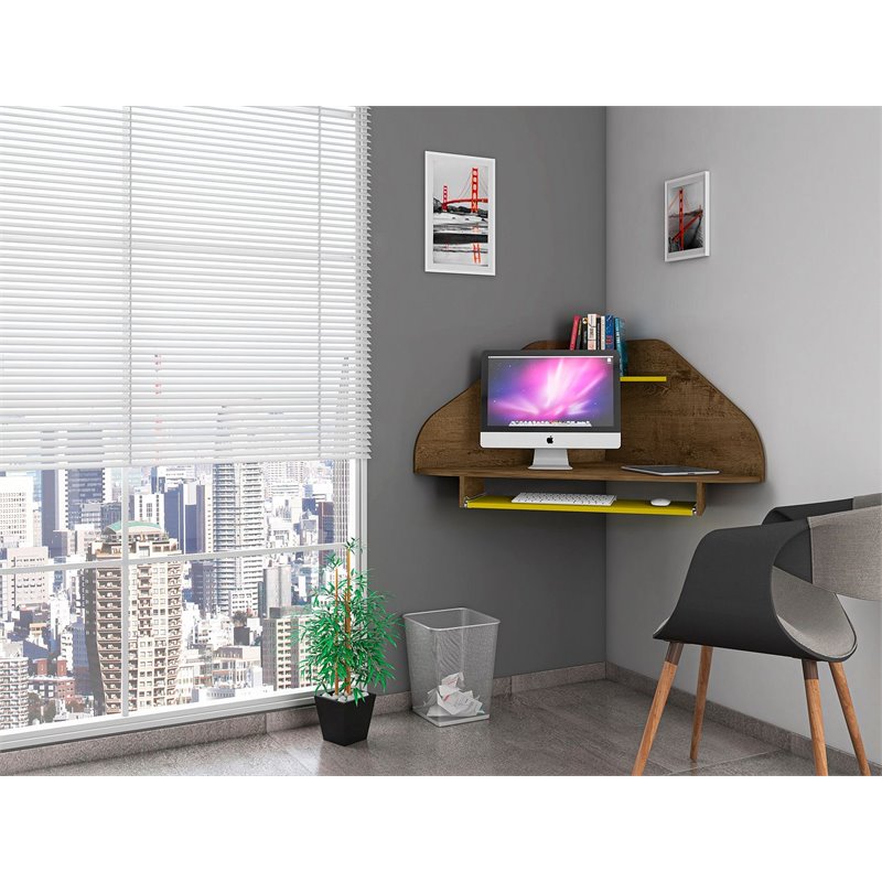 Eden Home Wood Floating Corner Desk in Rustic Brown and Yellow